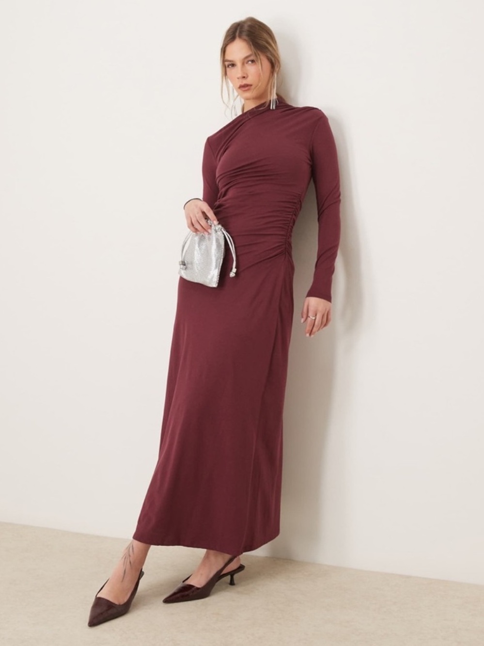Abercrombie & Fitch Modal Blend Long Sleeve Ruched Maxi Dress in Wine